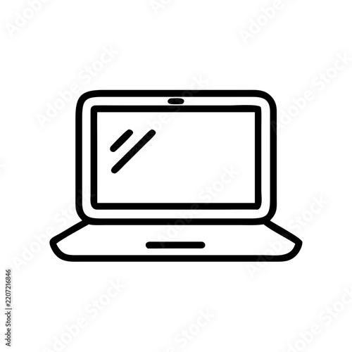 Modern laptop notebook computer icon in line art vector for technology.