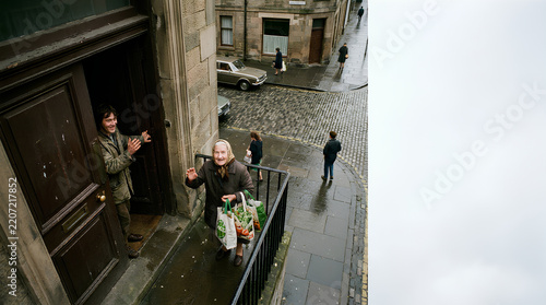 Stranger holding a heavy door open for an elderly woman carrying groceries while both smile mid-conversation outdoors