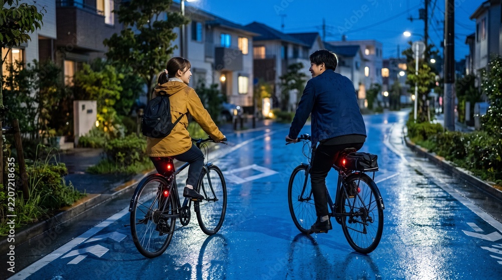 Fototapeta premium Friends ride home through a glowing Tokyo rainstorm
