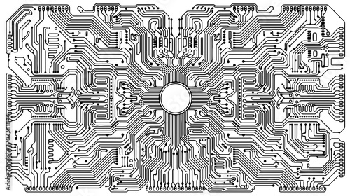 Intricate Black and White Circuit Board Pattern with Central Circular Element and Complex Traces Silhouette PNG Isolated on transparent background