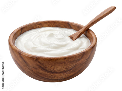 Creamy White Yogurt in an Artisan Wooden Bowl with Spoon