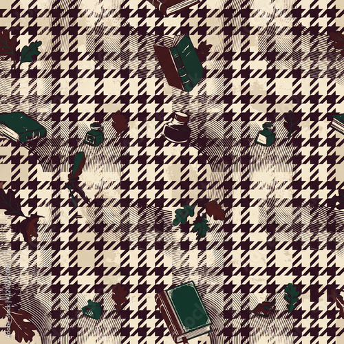 Seamless pattern featuring vintage books and inkwells over a classic houndstooth background with autumn oak leaves for academic stationery and sophisticated textile design projects