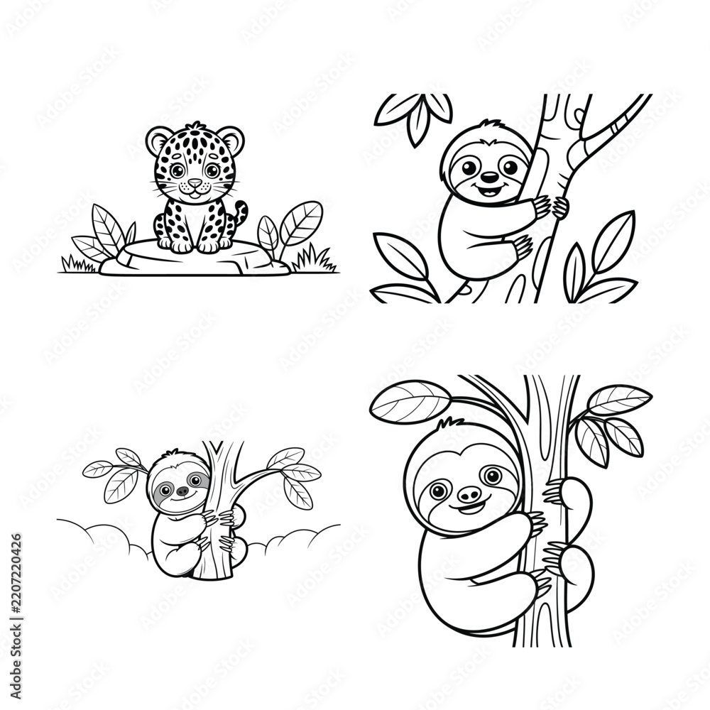 Obraz premium Cartoon jungle animals coloring set featuring leopard and sloths on trees for kids activity book and educational preschool art.