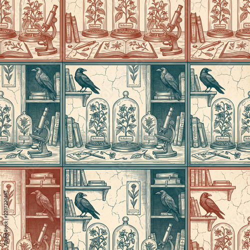 Vintage botanical seamless pattern featuring belladonna plants in glass cloches with microscopes and ravens in a dark academia aesthetic for sophisticated stationery and textile design