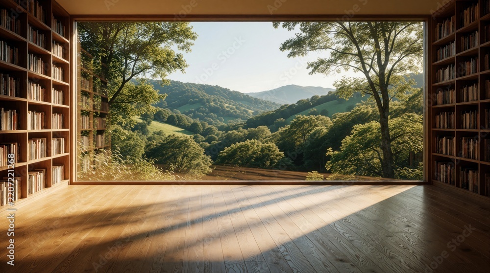 Fototapeta premium Cozy home office library with large window view of green hills, forest. Wooden bookshelves line walls in empty room. Warm sunlight shines on wood floor. Peaceful workspace with scenic nature backdrop