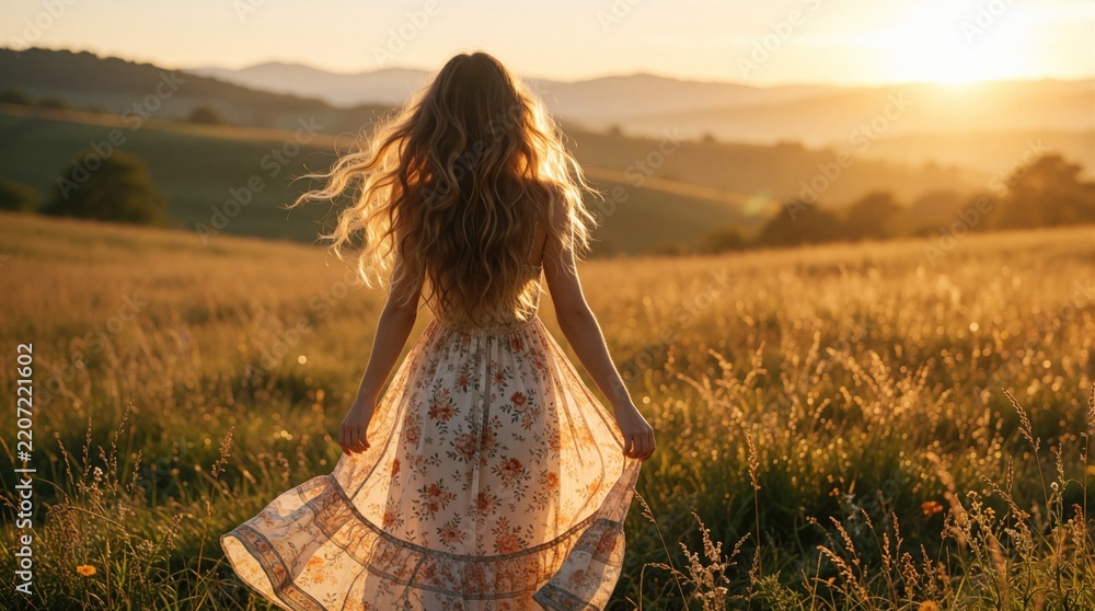 Obraz premium Back view of young woman with long blonde hair in floral dress. Stands in summer meadow field at sunset. Golden hour sunlight glows behind silhouette. Carefree girl enjoys peace, freedom in beautiful