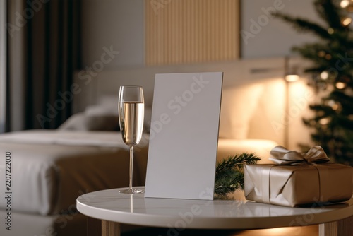Setting for a celebration with champagne, gift, and blank card by bed and Christmas tree in a cozy room