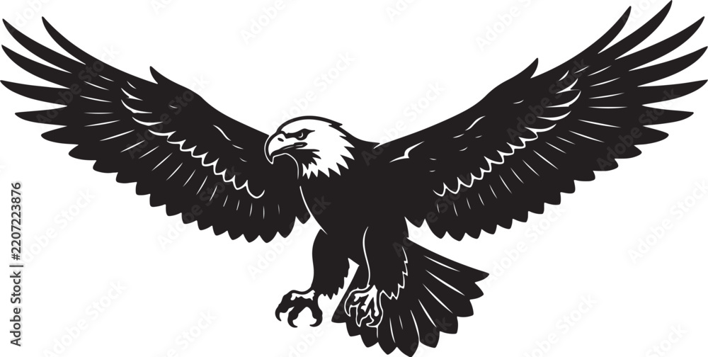 Fototapeta premium Bald eagle silhouette flying with wings spread in a minimalist vector style