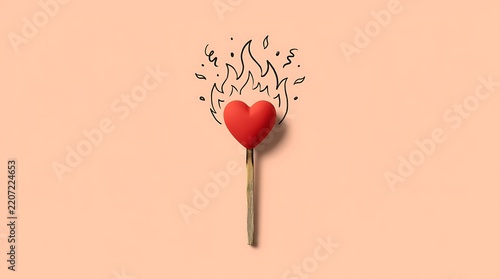 A matchstick with a red heart on its tip and hand-drawn flames above it set against a light peach background