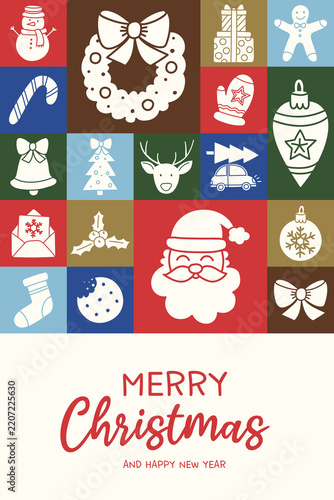 Merry Christmas greeting card with holiday ornaments. Vector illustration