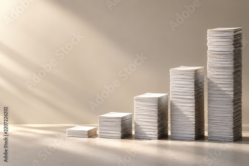 Ascending Stacks of Paper Form a Rising Bar Chart. Space for text.