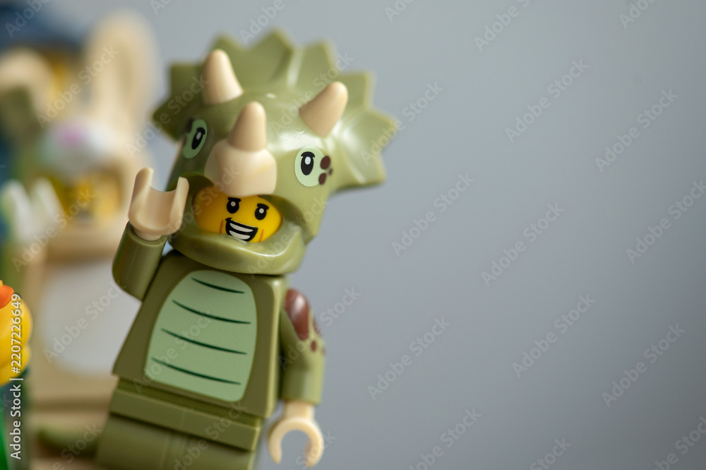 Obraz premium Close up of the Lego minifigures Animals triceratops on a gray background.