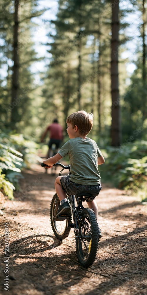 Obraz premium Young boy riding a bicycle on a forest trail background for outdoor adventure poster and nature banner design
