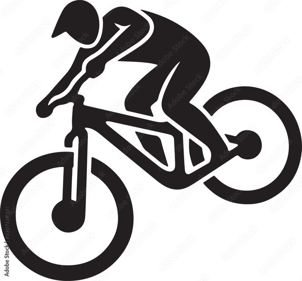 Obraz premium Black and white BMX cyclist silhouette performing an aerial stunt, dynamic freestyle cycling illustration for extreme sports, bike racing, youth culture and athletic apparel