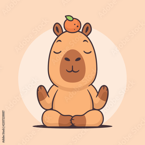 Capybara meditating in a zen pose with an orange on its head, representing mindfulness, relaxation, balance, and wellness.