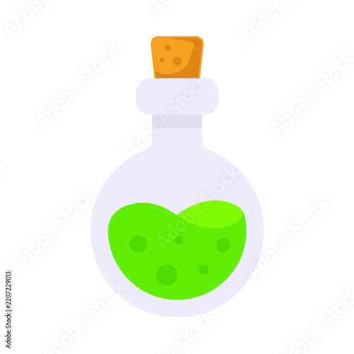 Magic green potion in glass bottle icon