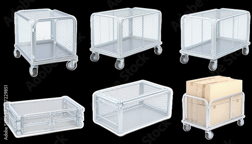 Industrial metal mesh cargo trolley warehouse equipment set