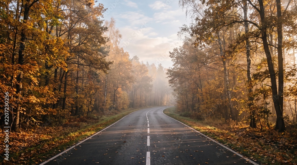 Fototapeta premium Peaceful Autumn Forest Road with Golden Foliage, Morning Fog and Soft Sunlight