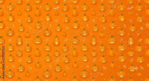 Scary Carved Pumpkin Seamless Pattern with Orange Halloween Faces