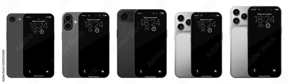 Obraz premium Detailed black, silver and grey mobile phone mockup pack. Front and rear view isolated on transparent background. Vector PNG