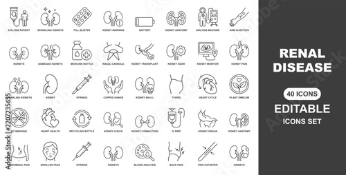 Renal disease with hemodialysis and kidney transplant thin line icons set. Editable stroke.