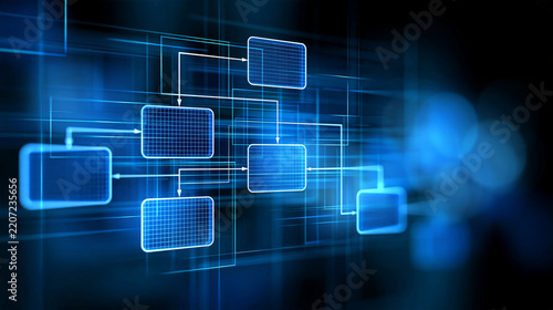 Business process workflow automation scheme illustrated with a hierarchy flowchart diagram, corporate management concept, clean vector-style tech rendering, defocused abstract