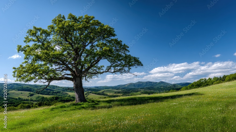 Fototapeta premium Lone majestic tree standing in a lush green meadow with rolling hills and clear blue sky stretching over a peaceful rural landscape in springtime