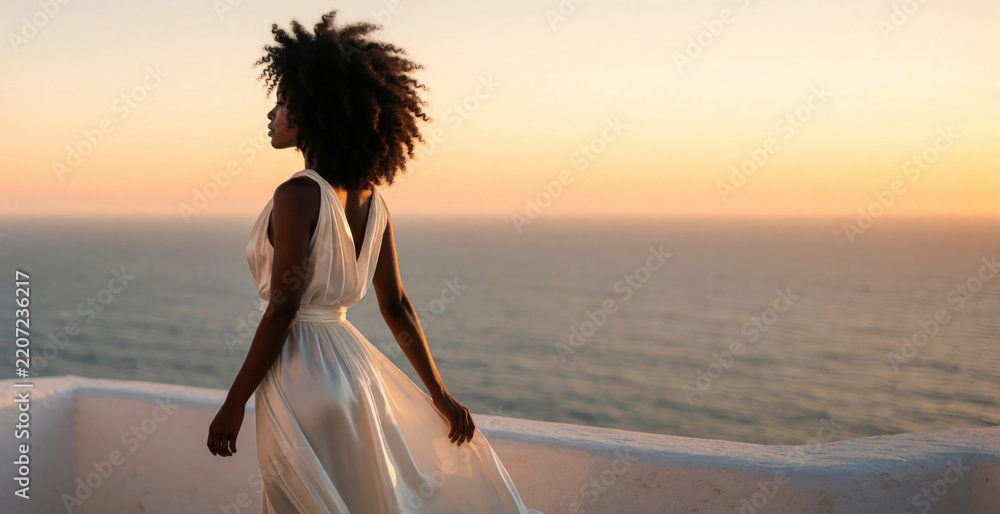 Fototapeta premium Elegant African American woman in white silk dress stands on Mediterranean balcony. Young black lady looks at sunset over blue ocean. Serene view of sea horizon during golden hour. Peaceful solo