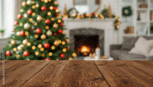 Empty christmas background. Christmas tree backdrop. Xmas holiday celebration blank pedestal. Brown wooden table top in front, winter celebration bokeh effect. Happy New Year banner