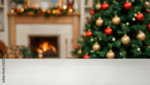 White empty table top in front, blurred christmas tree background. Xmas celebration banner with empty space. White holiday backdrop with golden bokeh lights. Happy New Year scene