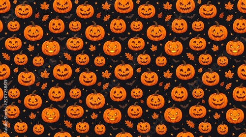 Seamless Halloween pattern with carved jack-o-lantern pumpkins and autumn leaves on black background