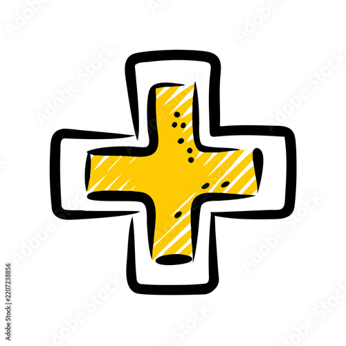 Yellow and black cross icon with sketch texture for medicine.