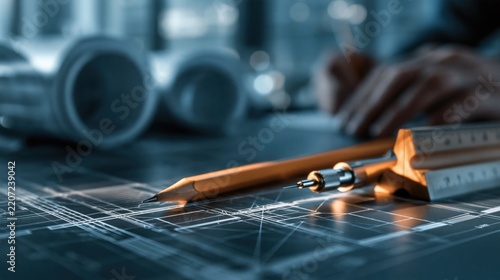 Architect?s desk with technical blueprints, drawing compass, pencil, and ruler tools in soft light symbolizing designing and planning processes