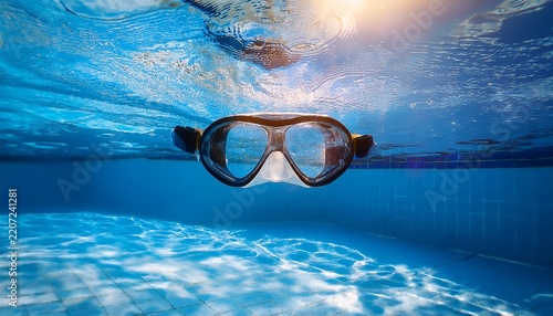 swimming goggles on blue water surface in summer swimming pool with sunlight caustic underwater spectacles for diving leisure and vacation