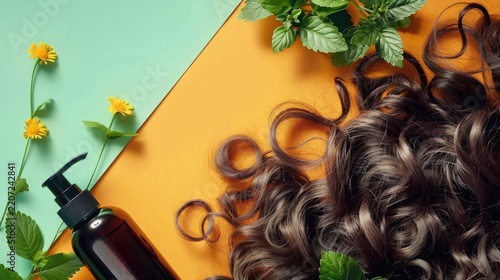 Hair care theme: curly hair, hair care products — shampoo and balm bottles, arranged on a bright colored background. The concept of beauty, healthy hair.