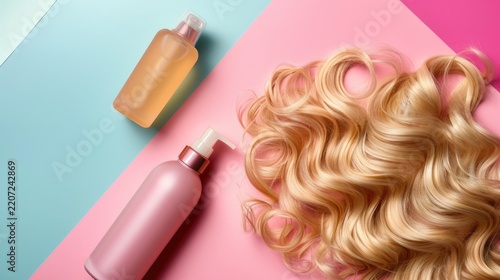 Hair care theme: curly hair, hair care products — shampoo and balm bottles, arranged on a bright colored background. The concept of beauty, healthy hair.