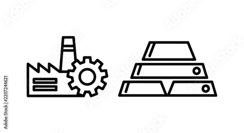 Industrial factory building with gear icon and stack of gold bars outline symbols raw materials heavy industry supply chain icon set linear