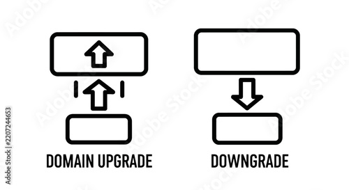 Domain upgrade and downgrade text labels with directional arrows business concept web hosting service plan arrow icon business growth black white