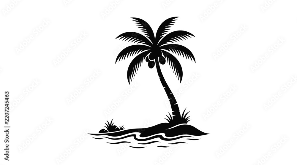 Fototapeta premium Palm tree silhouette on island with waves black and white graphic