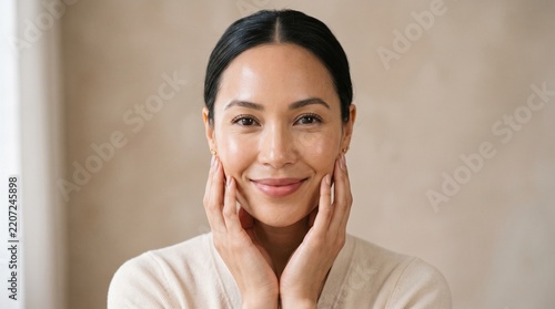 Woman touching her face gently while maintaining a radiant and glowing complexion during a simple morning skincare routine focused on natural beauty and wellness.