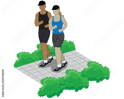 A vector illustration depicting a man and a woman running or jogging on a paved path, surrounded by green bushes.