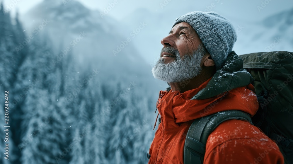 Fototapeta premium Elderly man with gray beard wearing warm winter clothing and backpack enjoying snowy mountain landscape on a cold winter day