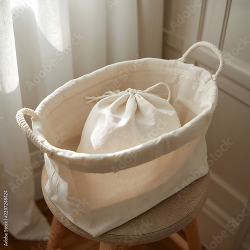 A beige canvas laundry basket with rope handles sitting on a wooden stool in a bright room with soft natural light and white curtains nearby