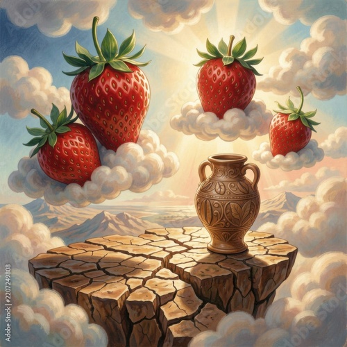 surreal fantasy illustration of an ornate terracotta urn resting on a cracked floating island amidst giant strawberries nestled on fluffy clouds