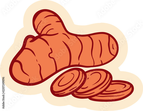An illustration of a turmeric root and slices on a beige background