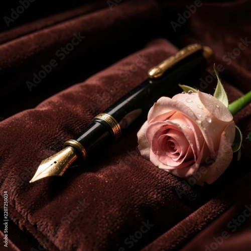 vintage black fountain pen with gold nib resting beside a fresh pink rose on soft brown velvet fabric   