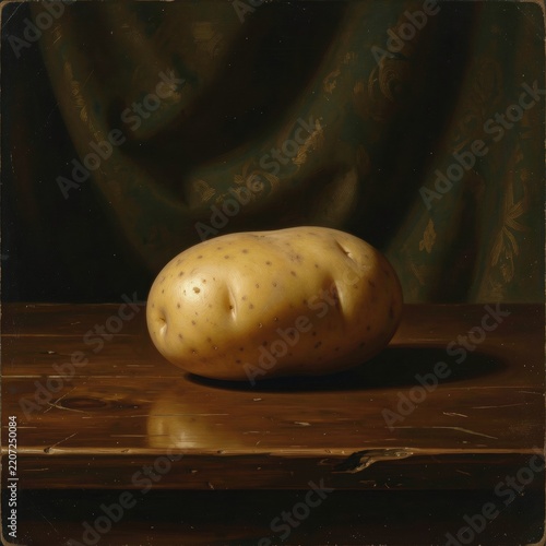 classical still life painting of a single unpeeled yellow potato resting on a rustic wooden table against a dark drapery backdrop