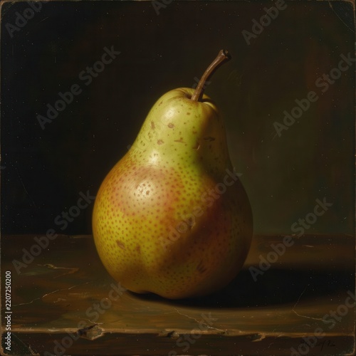 classic fine art still life oil painting of a ripe speckled yellow pear resting on a weathered wooden ledge against a dark canvas