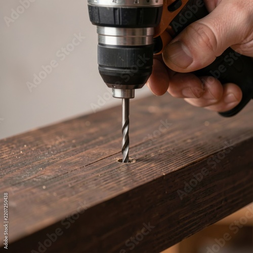 close-up of craftsman drilling pilot hole into dark reclaimed wooden beam using cordless power drill