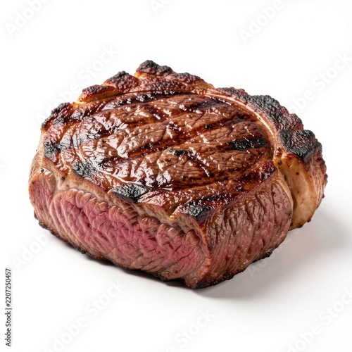 thick juicy grilled beef ribeye steak with charred edges isolated against pure white background